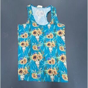 Cheekys Tank Top Men's Small Blue Sunflower Cow Skull Western Graphic Racerback